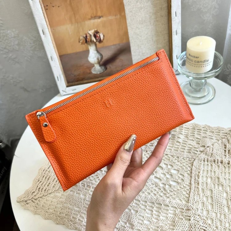 Design Long Wallet Orange Pebbled Leather Clutch