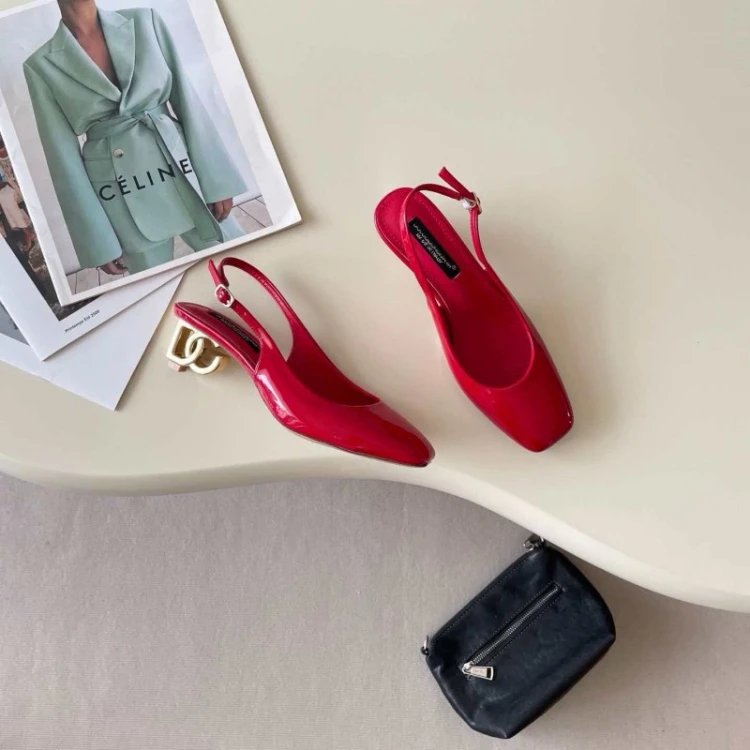Dolce & Gabbana High Heels Square-Toe Patent Slingback Logo-Heel Pumps — Red