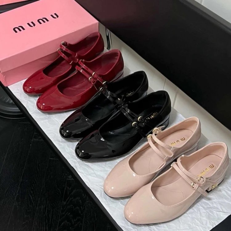 Miu Miu Patent Leather Double Strap Mary Jane Low Heel Shoes -5720