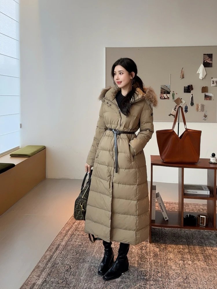 Unbranded Down Jackets Long Hooded Fur-Trim Belted Puffer — Khaki