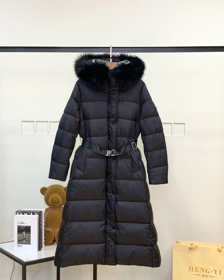 Unbranded Down Jackets Long belted hooded puffer with fur-trim hood — Black