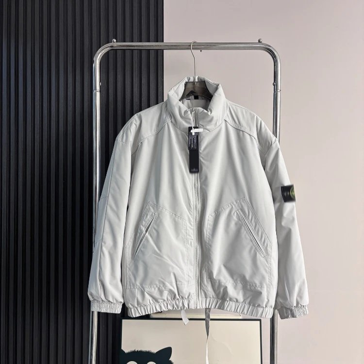 Stone Island Jackets Stand Collar Padded Jacket with Compass Sleeve Patch — SKU-03-34 beige