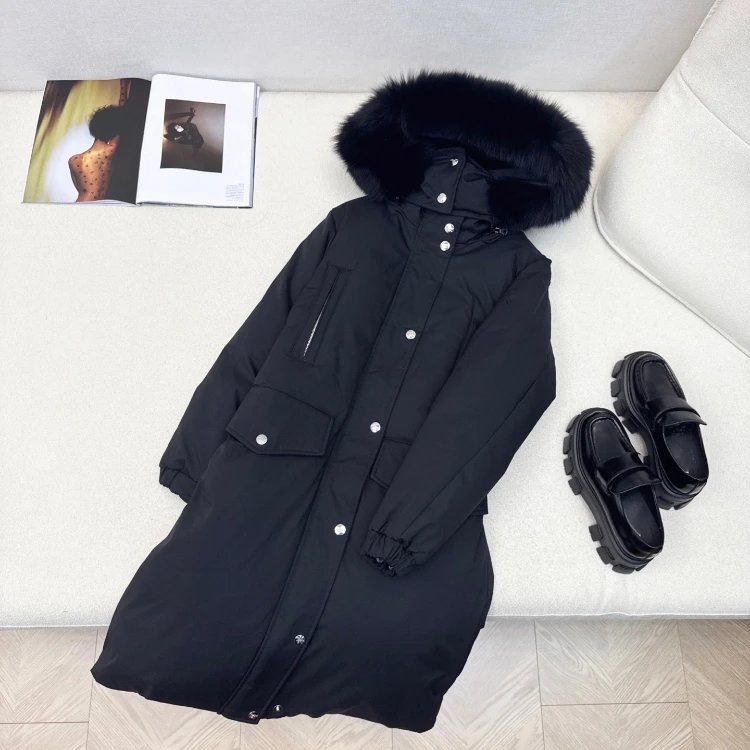 Unbranded Down Jackets Long hooded fur-trim puffer with flap pockets — Black
