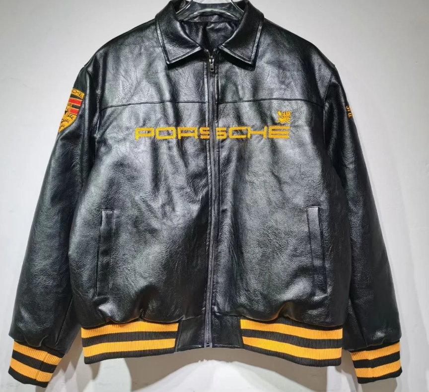 Porsche Green Yellow Racing Style Leather Jacket
