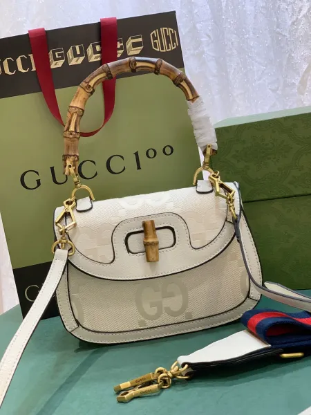 Gucci Bamboo Top Handle Bag Beige GG Supreme Handbag - 3