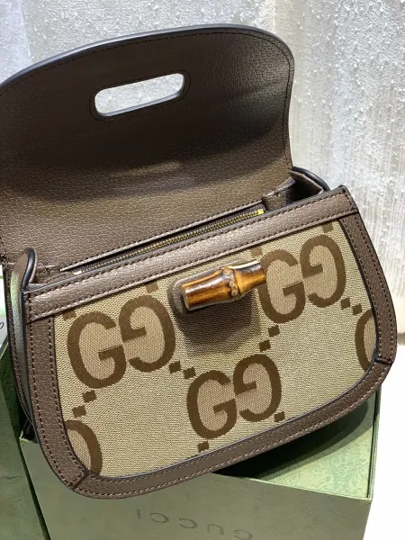 Gucci Bamboo Top Handle Bag Beige GG Supreme Handbag - 12