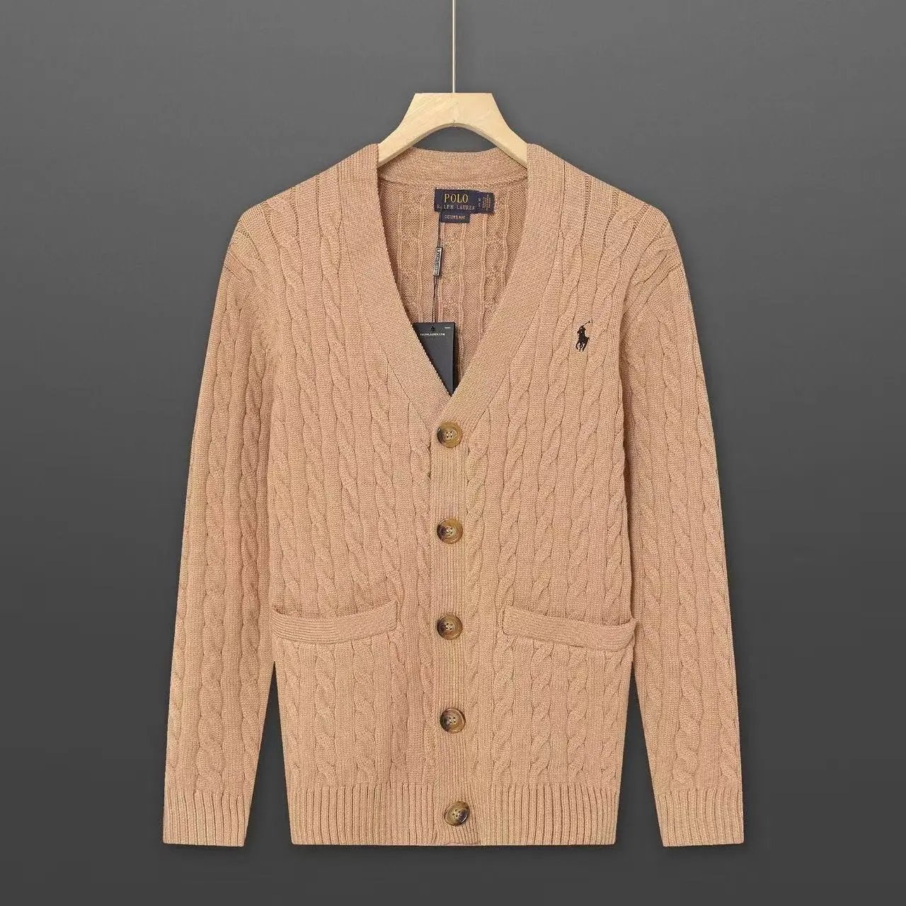 Ralph Lauren Single-Breasted Trench Coat — Apricot Cardigan Sweater