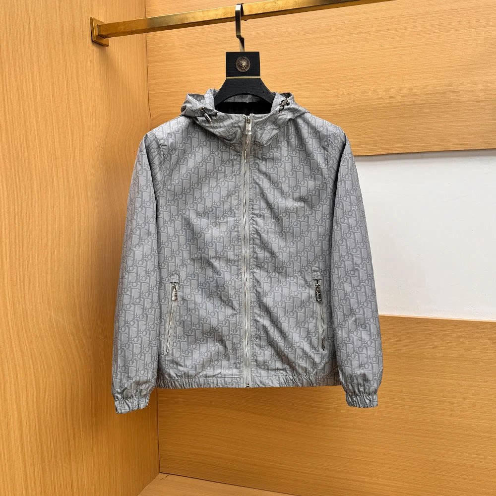 Dior Oblique Print Hooded Windbreaker Gray Outerwear - 1