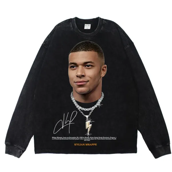 Design Kylian Mbappé Portrait Graphic Long-Sleeve T-Shirt Black - 1