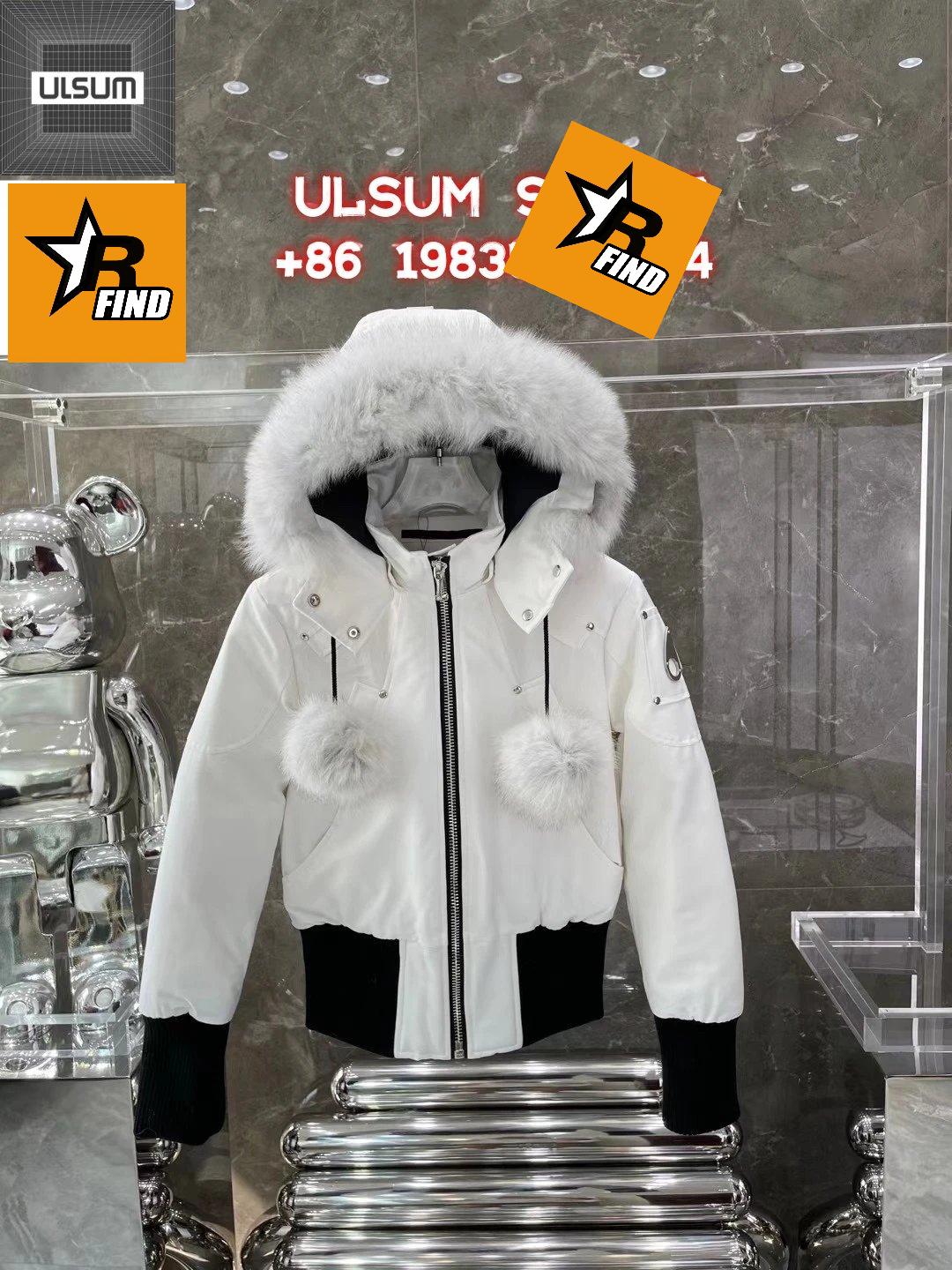 ULSUM Parka Jacket White with Fur Trim and Pom-Poms Down Jacket - 1