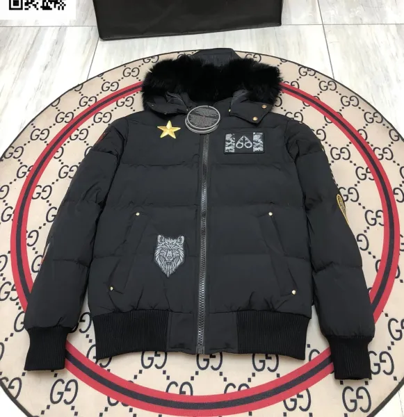 Moose Knuckles Parka Black with Wolf Embroidery and Fur Hood Down Jacket - 1