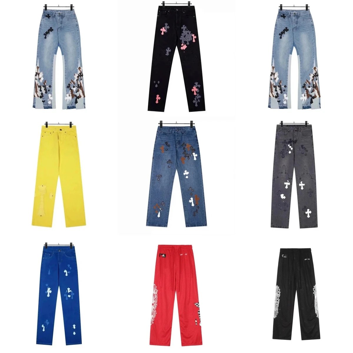 Cross Applique Denim Jeans and Color Block Pants Collection