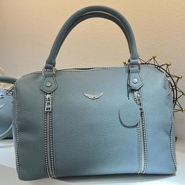 Design Boston Bag Light Blue Pebbled Leather Handbag - 1