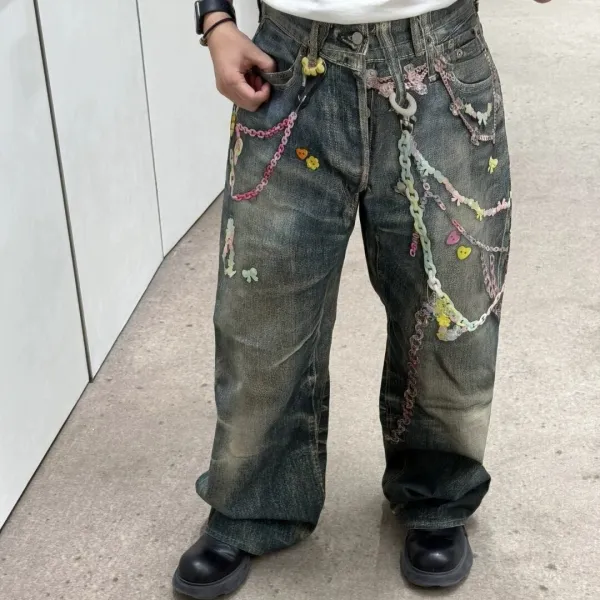 Design Custom Embellished Distressed Jeans with Chain Decorations Blue - 8