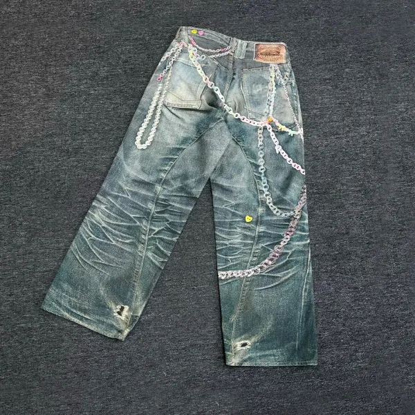 Design Custom Embellished Distressed Jeans with Chain Decorations Blue - 1