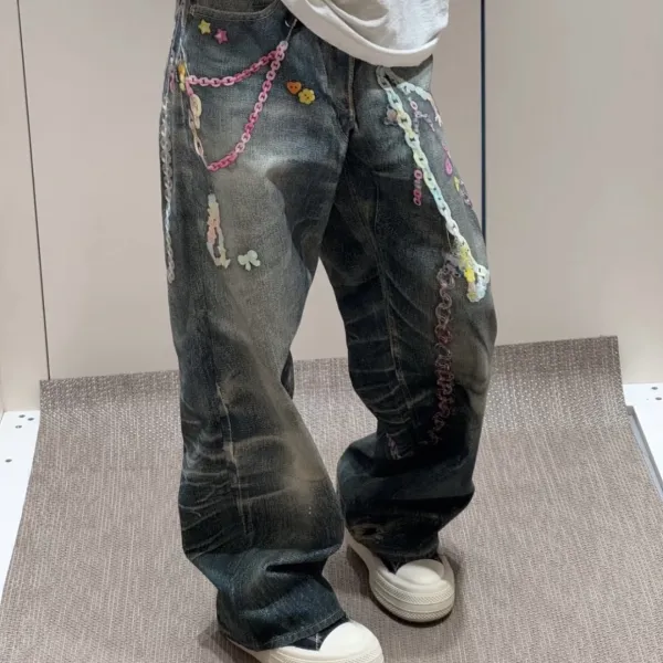 Design Custom Embellished Distressed Jeans with Chain Decorations Blue - 5