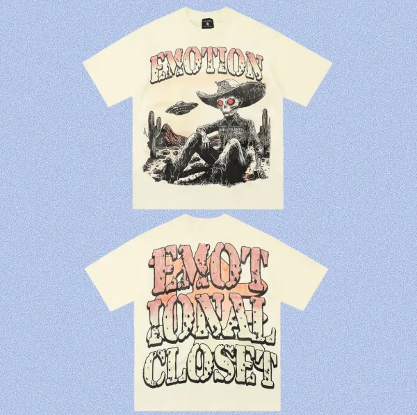 Design Emotional Closet Skeleton Cowboy Graphic T-Shirt Beige T-Shirts - 1