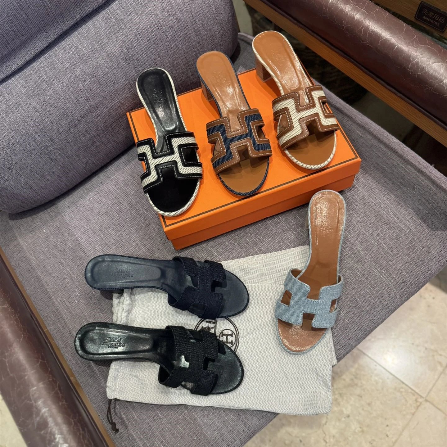 高版本H家牛仔粗跟拖鞋女真皮拼色粗跟外穿拖鞋女