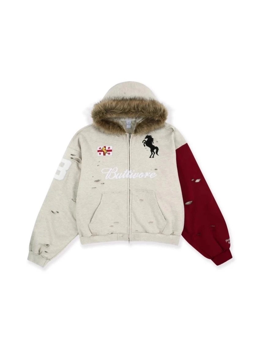 P拼色做旧水洗破坏毛领卫衣Win