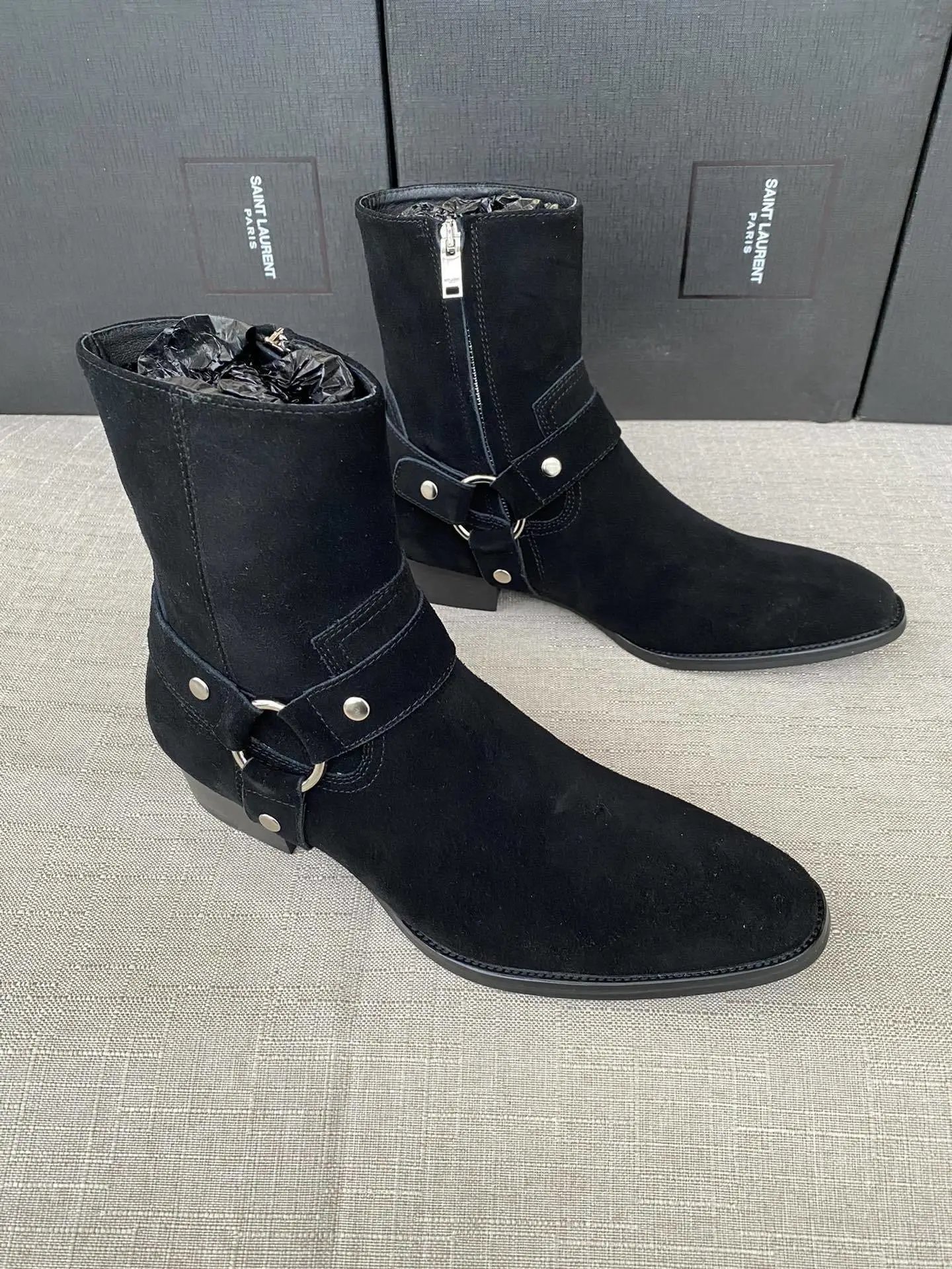 Saint Laurent Chelsea Beige Suede Buckle Boots