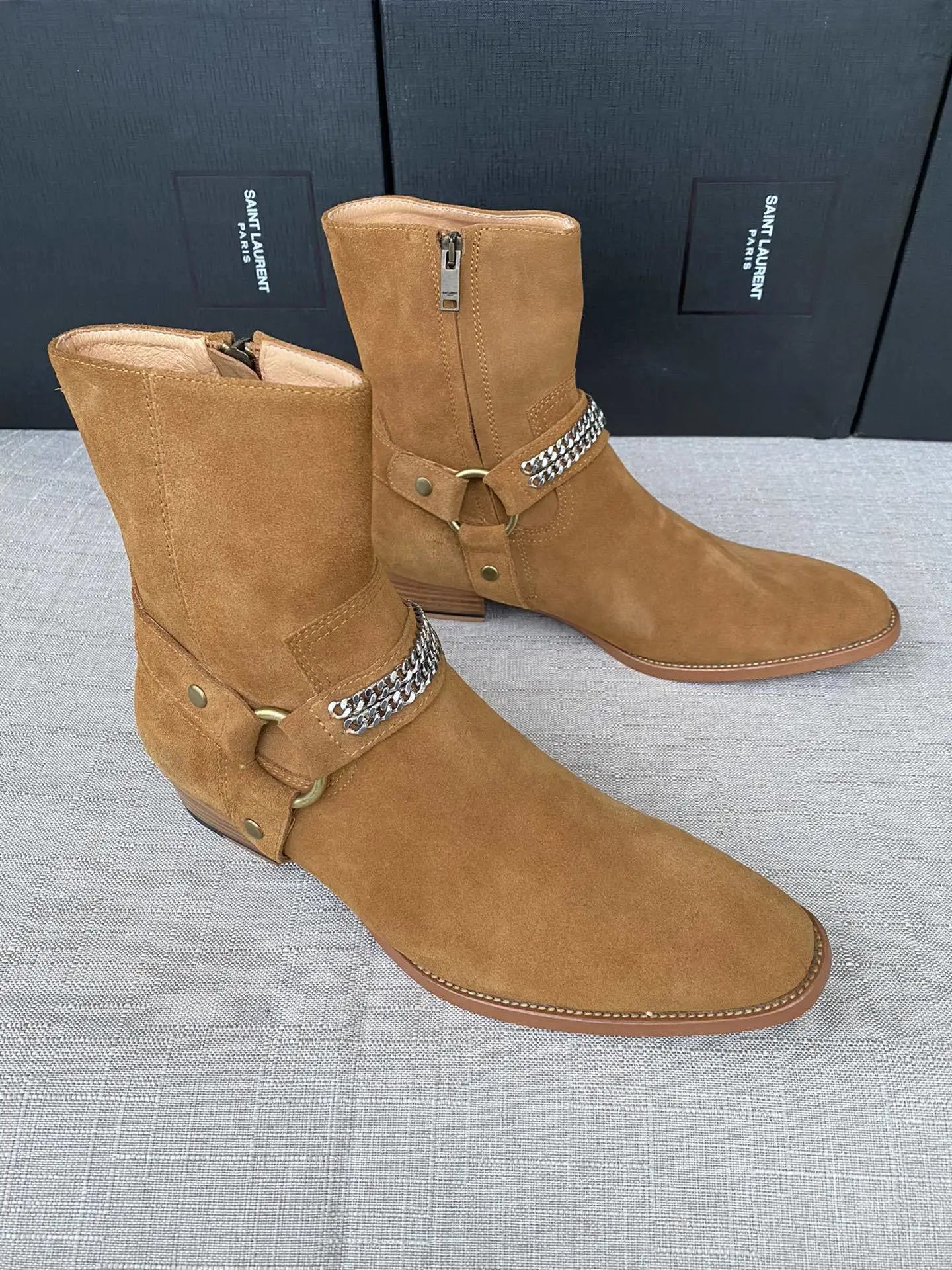 Saint Laurent Chelsea Beige Suede Buckle Boots
