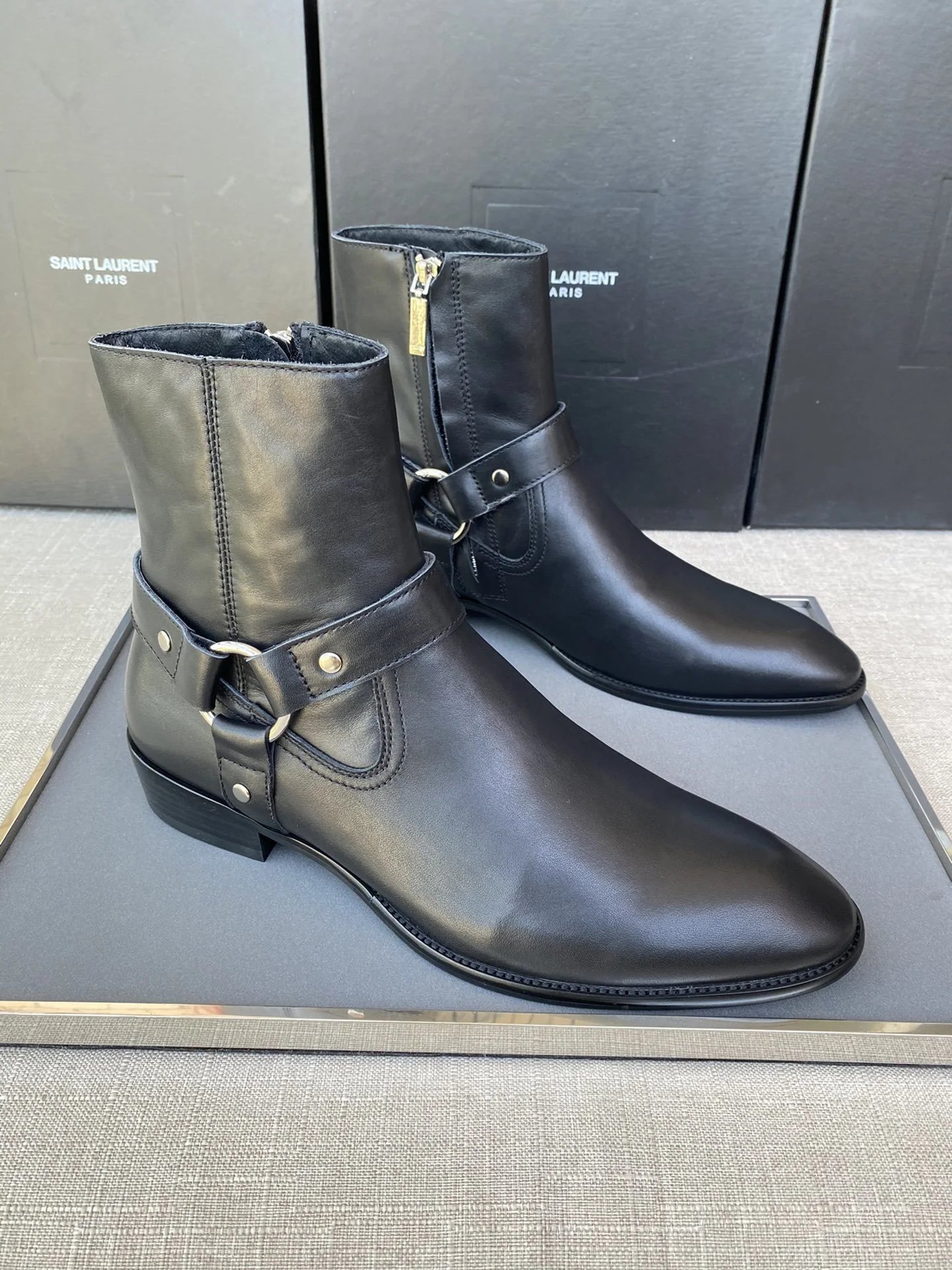 Saint Laurent Chelsea Beige Suede Buckle Boots