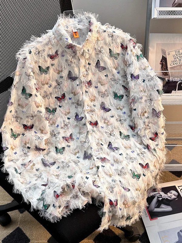 Feathered Butterfly Print White Bohemian Blouse