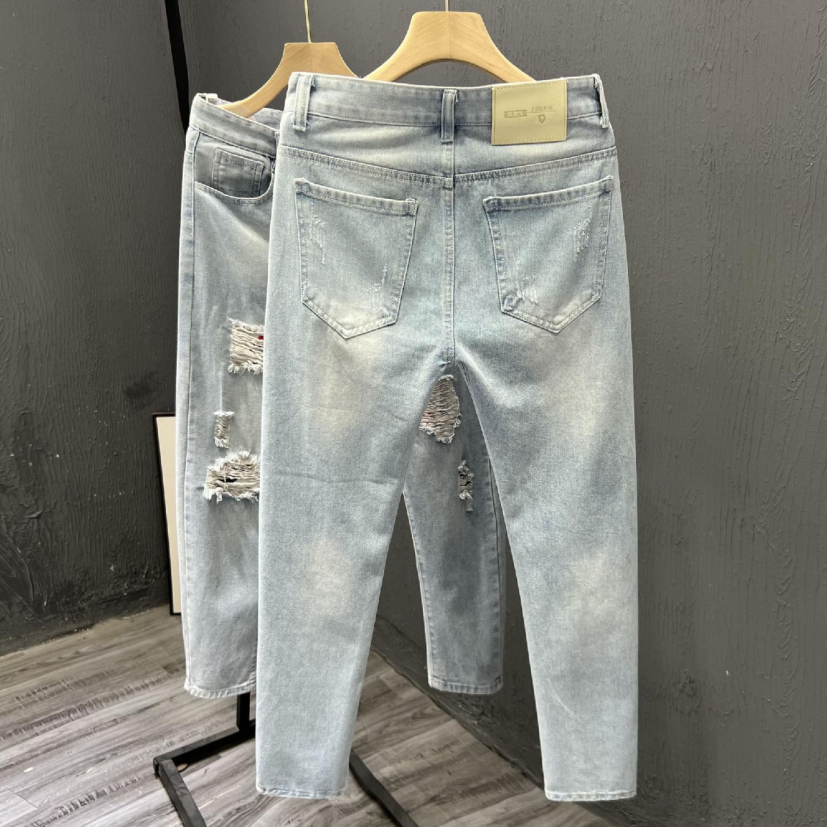 Distressed Light Blue Ripped Slim Fit Jeans