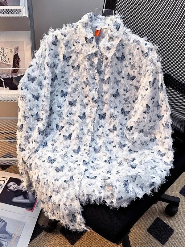 Feathered Butterfly Print White Bohemian Blouse
