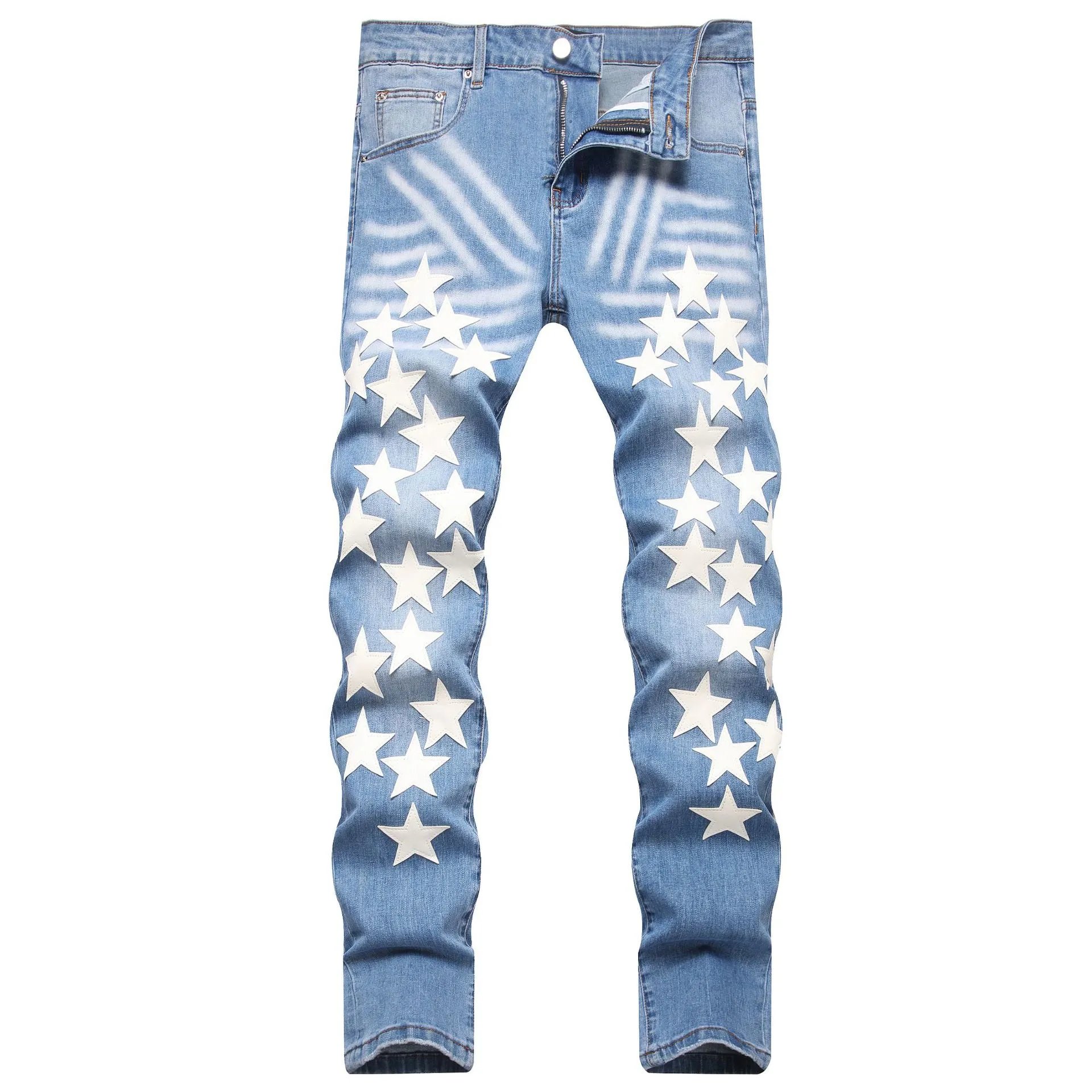 Denim Jeans Blue Orange Star Embroidered Distressed Slim Fit