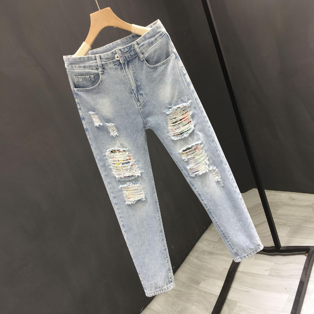 Distressed Light Blue Ripped Slim Fit Jeans