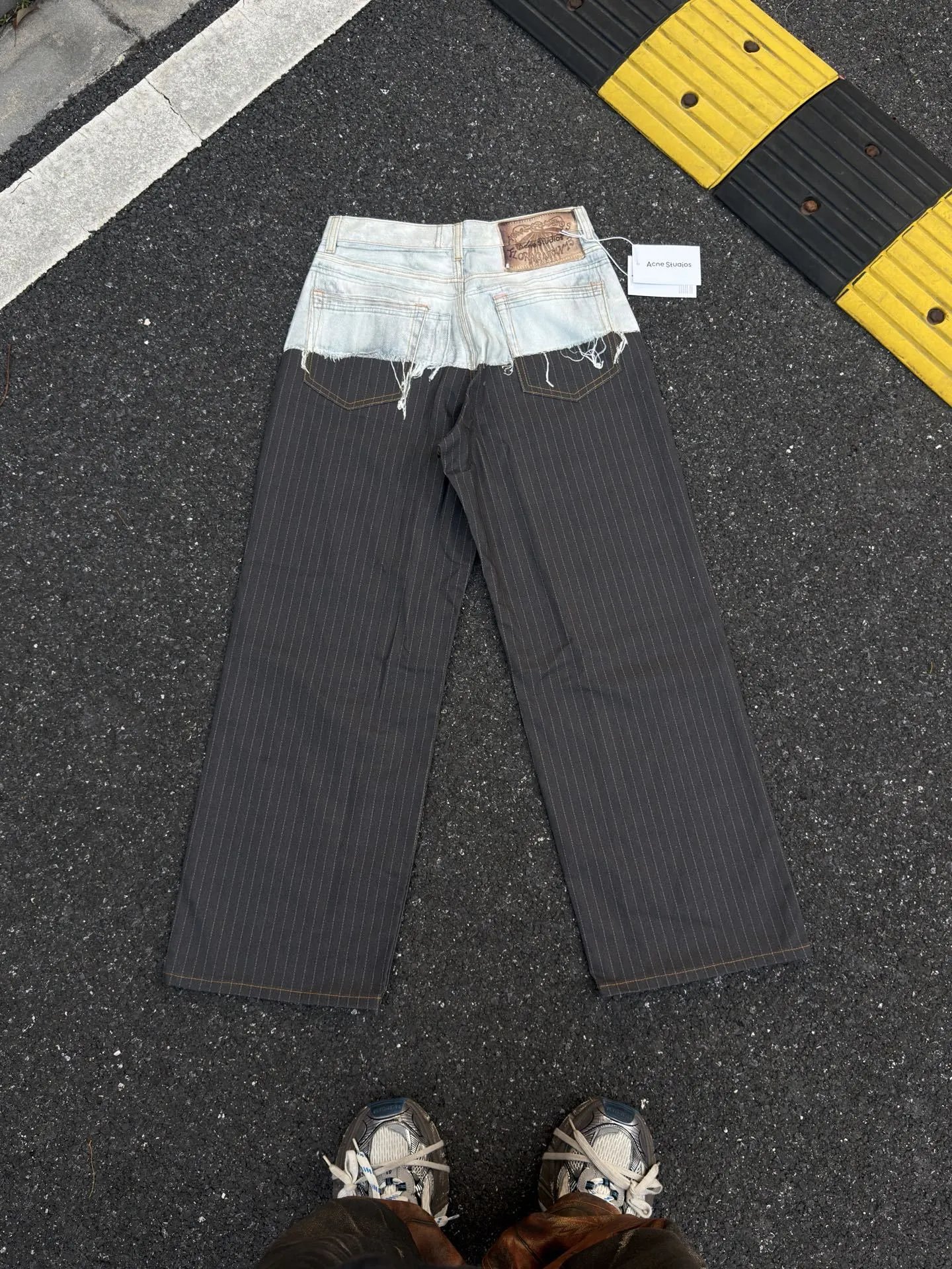 Acne Studios Pinstripe Black Distressed Denim Hybrid Trousers