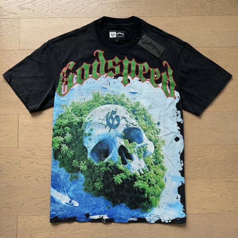 Godspeed Skull Floral Print Black Graphic T-Shirt