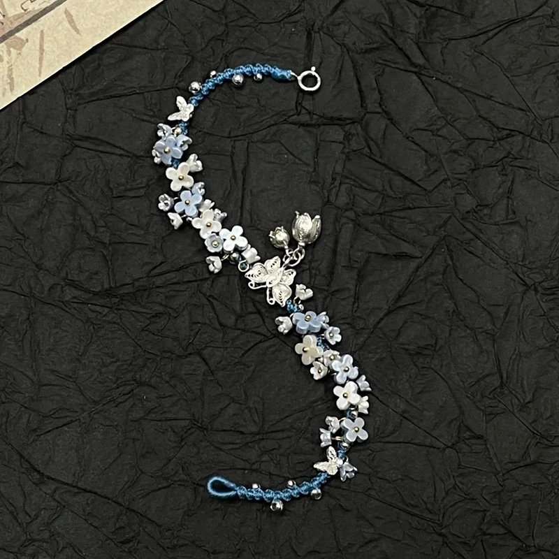 Handmade Floral Silver Butterfly Charm Bracelet Blue