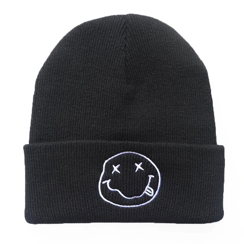 Black Knit Beanie with Gold Embroidered Smiley Face Casual