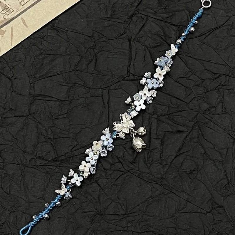 Handmade Floral Silver Butterfly Charm Bracelet Blue