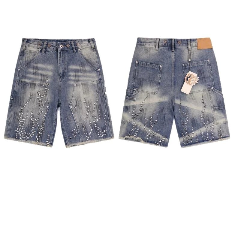 Denim Shorts Distressed Purple Black Light Blue Gray Embellished Cargo Style