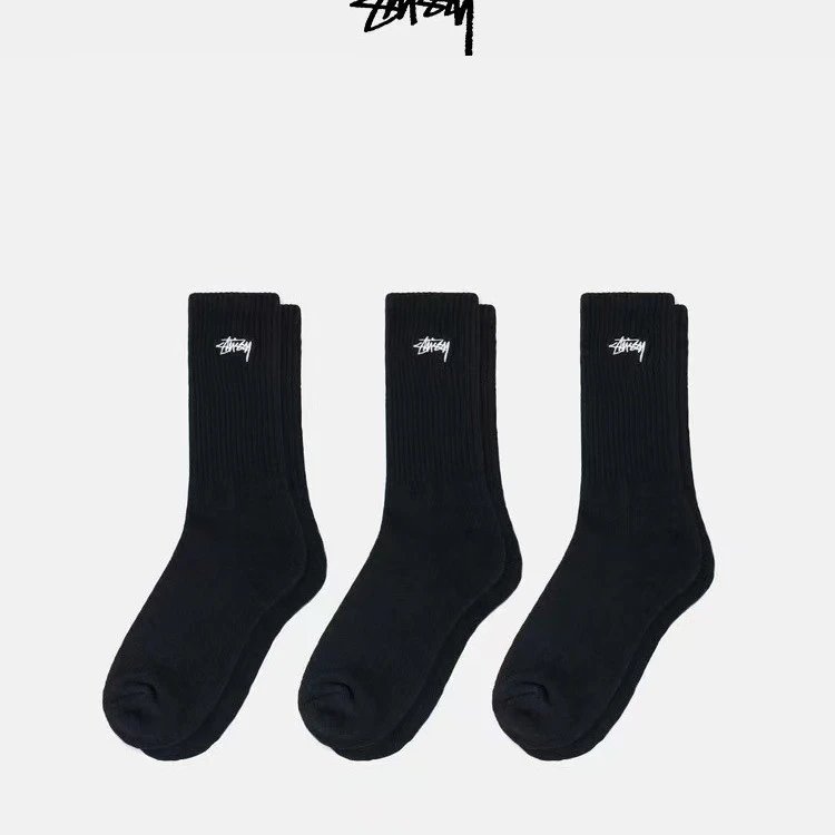 Stussy Classic Crew Socks Black White Gray Ribbed