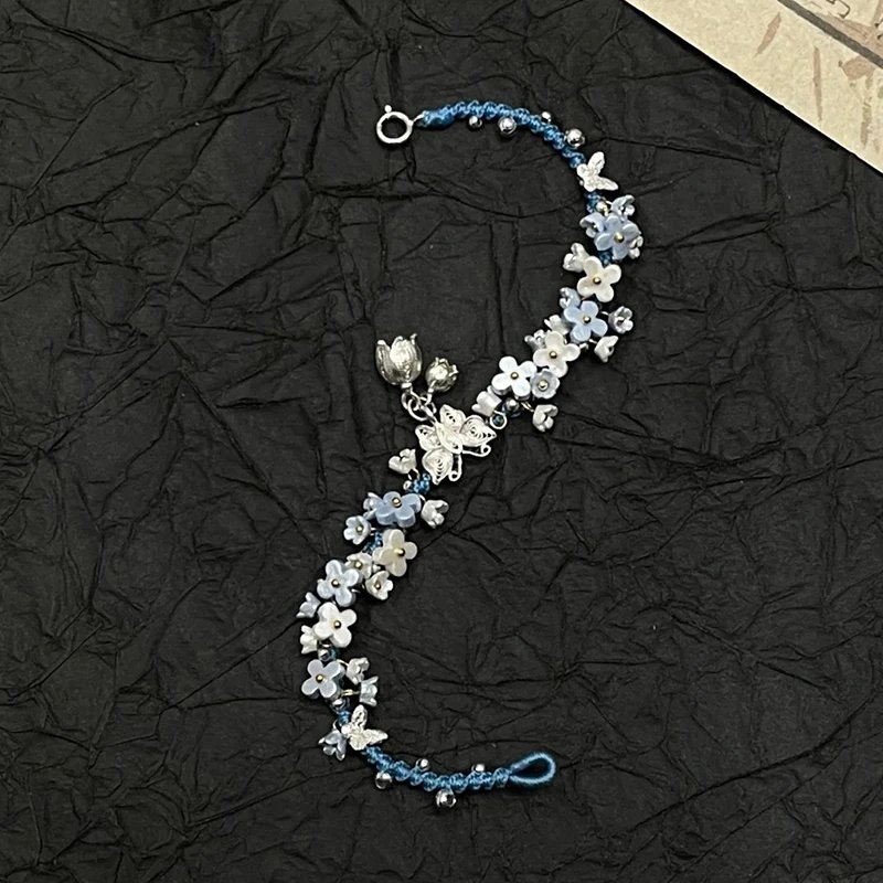 Handmade Floral Silver Butterfly Charm Bracelet Blue