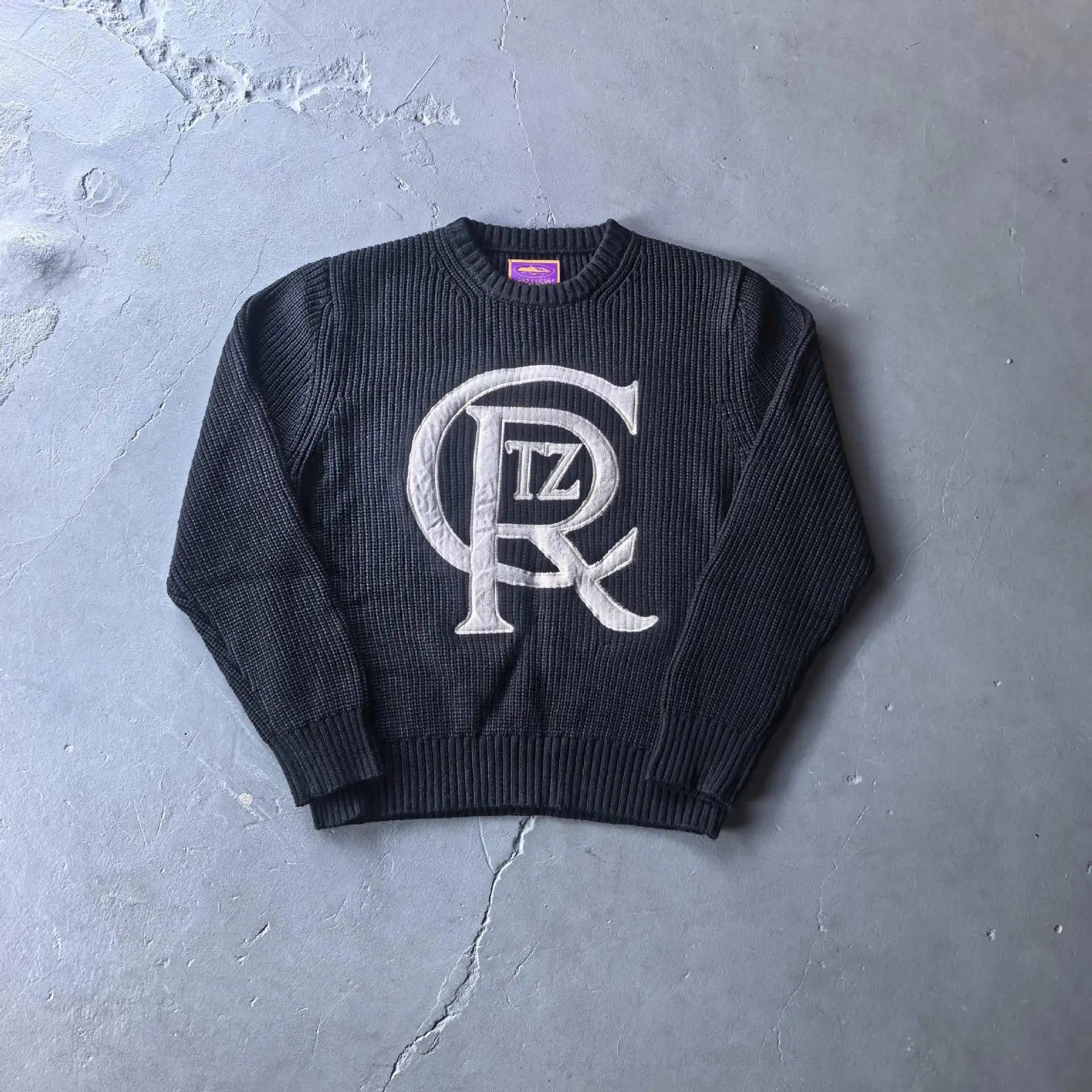 Black Knit Sweater with White Star and Crescent Motif Casual