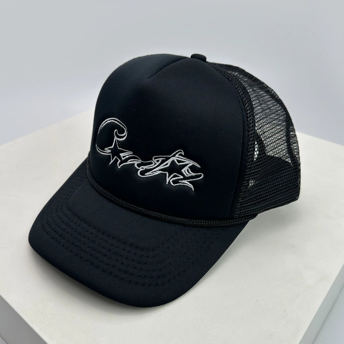 Trucker Cap with White Script Embroidery Black Baseball Cap