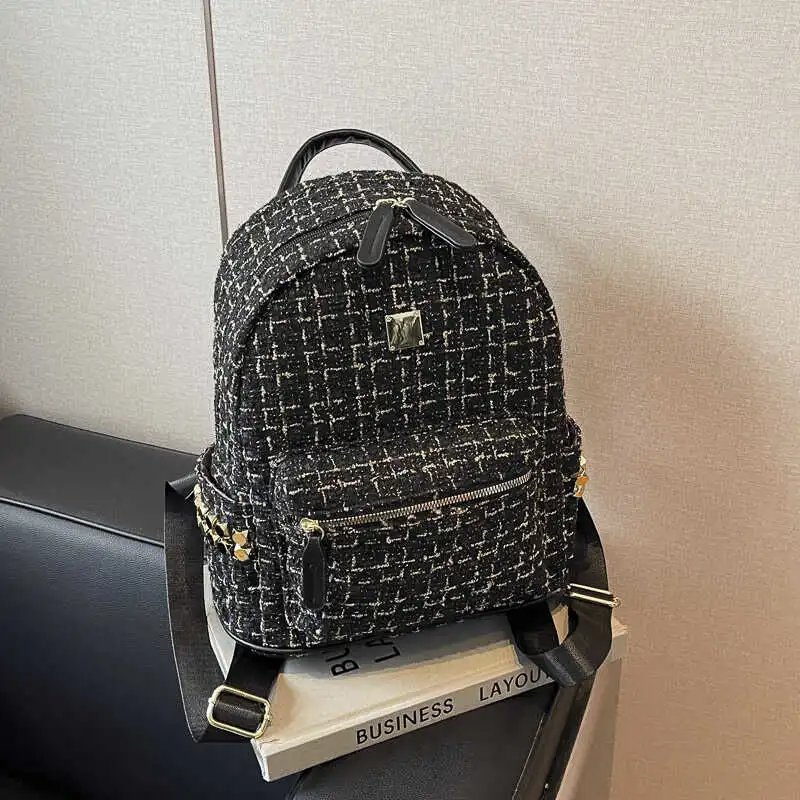 Tweed Backpack Black White Grid Pattern Chic