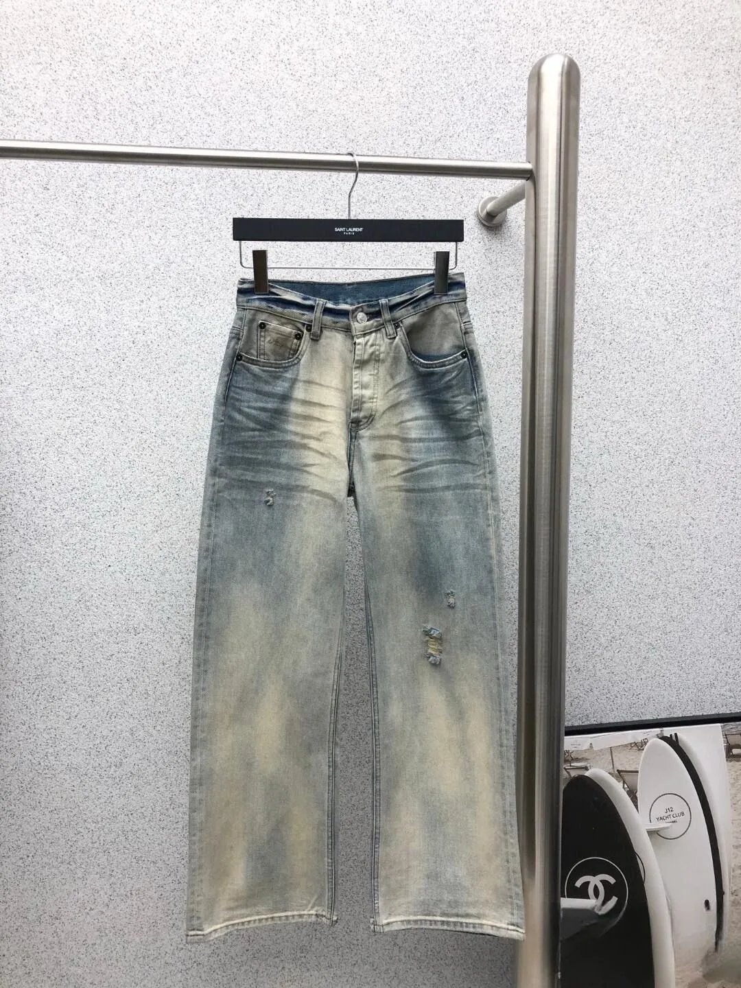 Beige Cropped Utility Jacket Light Wash Distressed Wide Leg Jeans