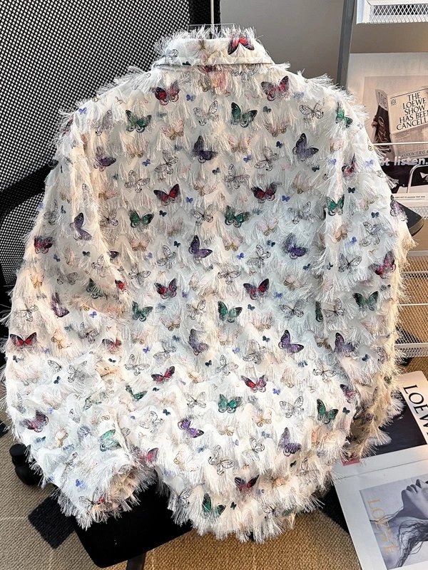 Feathered Butterfly Print White Bohemian Blouse