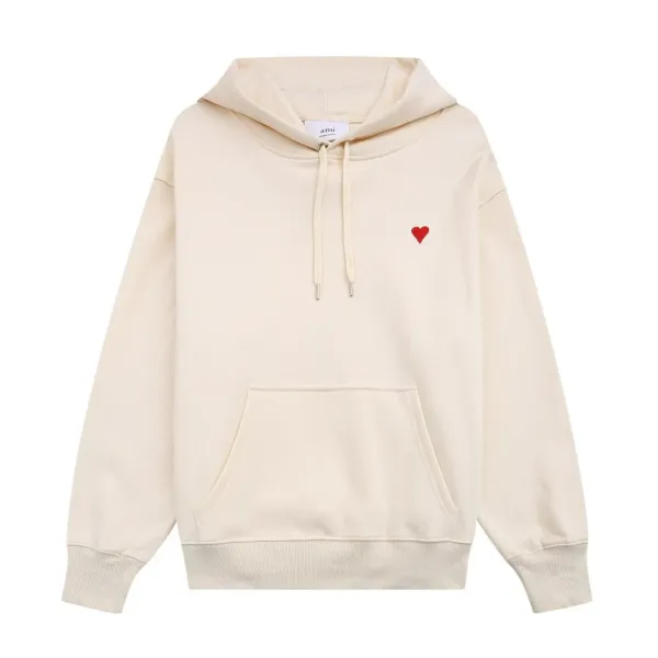 Ami Paris Heart Embroidered Hoodie Beige - 1