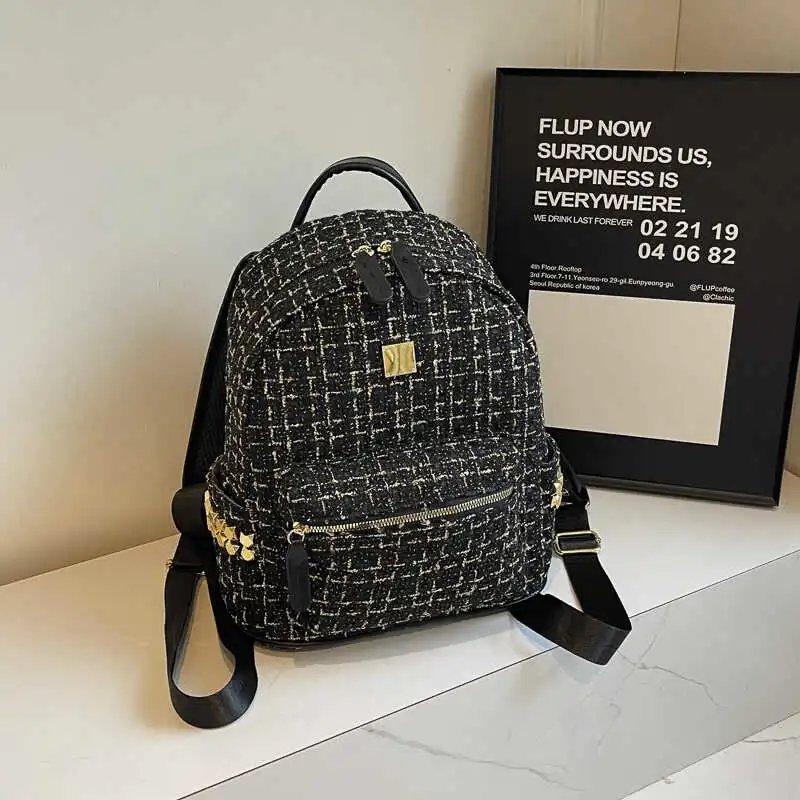 Tweed Backpack Black White Grid Pattern Chic