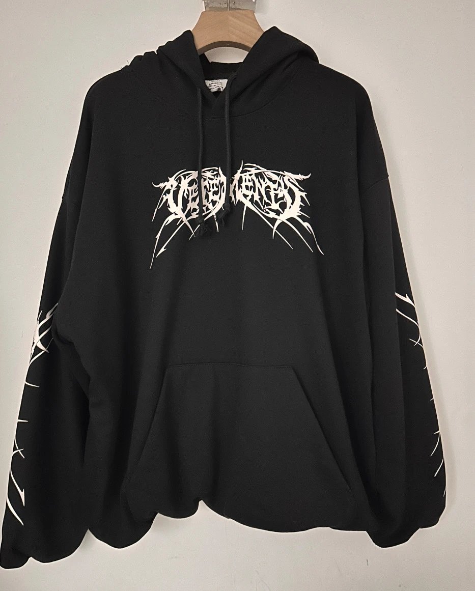 Black Hooded Sweatshirt With White Gothic Lettering Streetwear