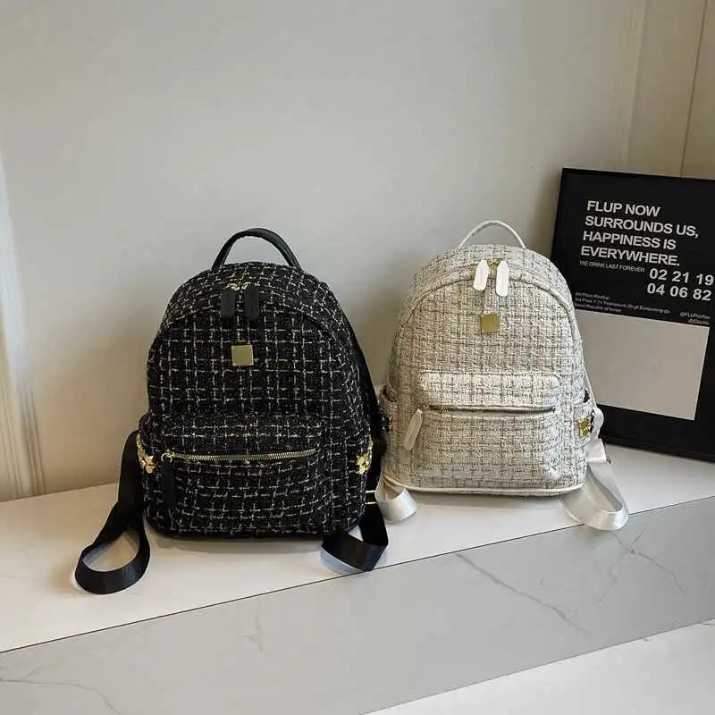 Tweed Backpack Black White Grid Pattern Chic