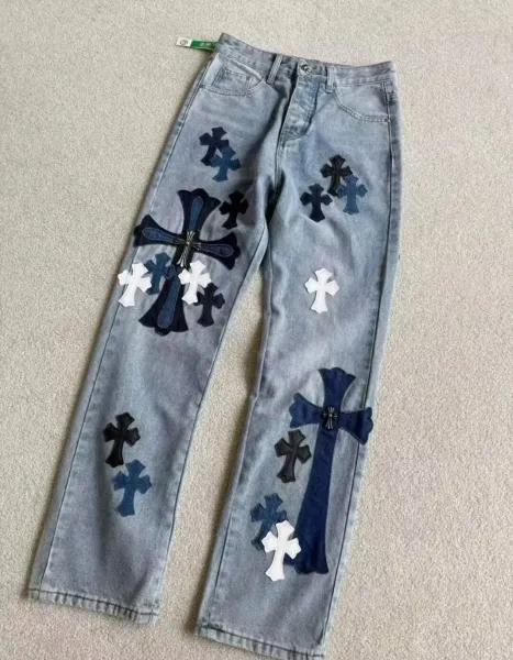 Chrome Hearts Cross-Embroidered Distressed Light Wash Jeans - 1