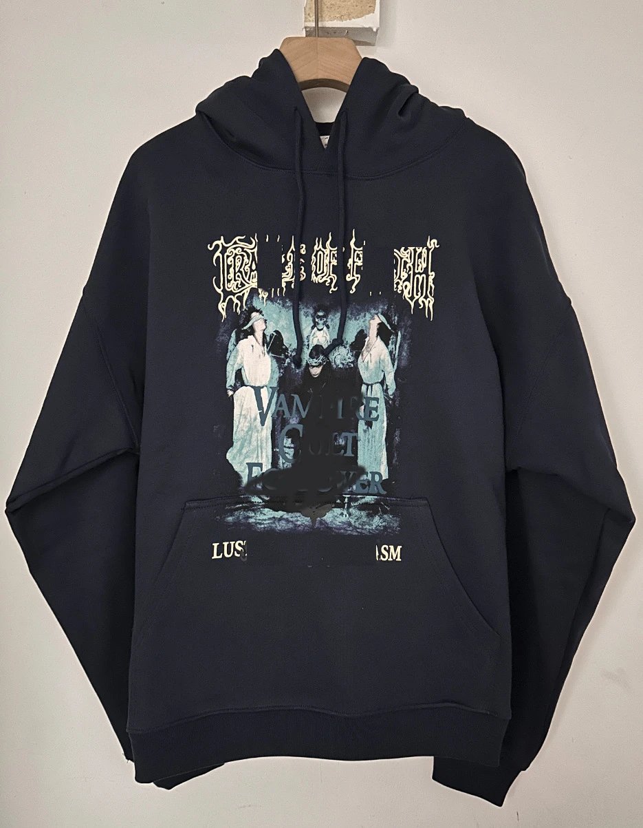 Black Hooded Sweatshirt With White Gothic Lettering Streetwear